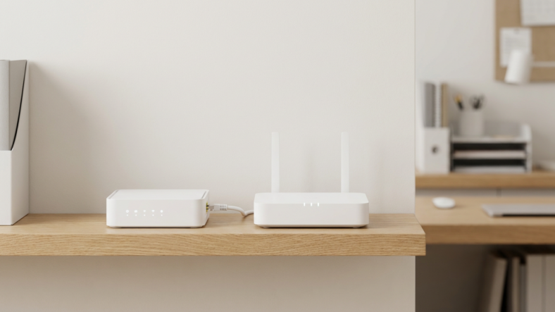 White modem and router connected by ethernet cable