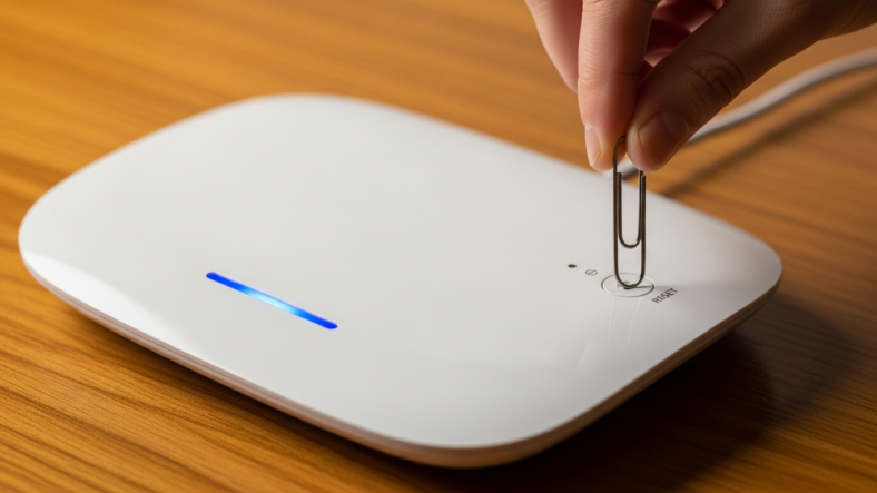 White wifi router with a hand pressing the reset button using a paperclip